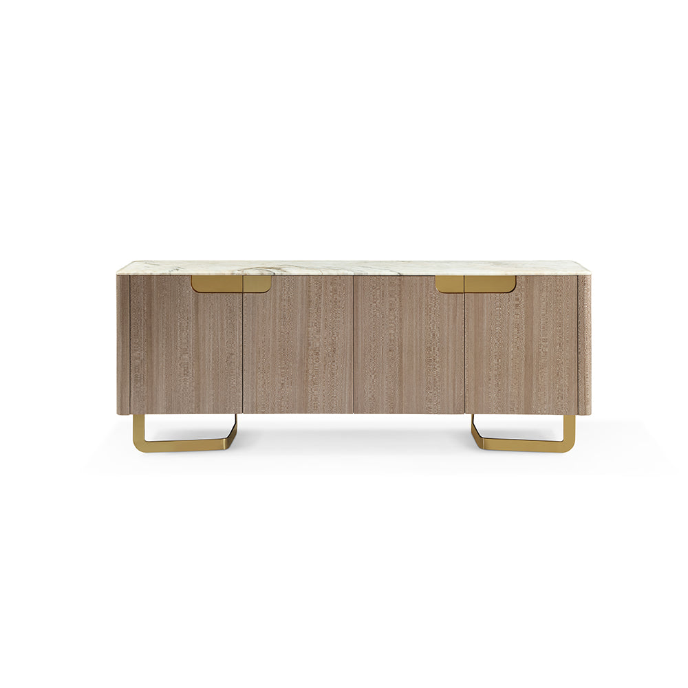 Bixby Sideboard featuring a luxurious Gadoria marble top, champagne gold stainless steel accents, and light oak wood veneer – perfect for modern and elegant home interiors.