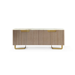 Bixby Sideboard featuring a luxurious Gadoria marble top, champagne gold stainless steel accents, and light oak wood veneer – perfect for modern and elegant home interiors.