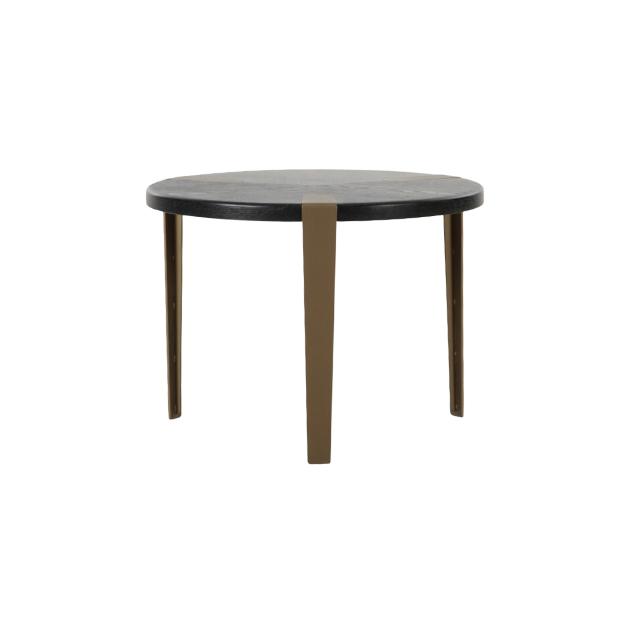 Bohne Side Table with dark ash veneer finish and three bronze legs styled in a modern living space