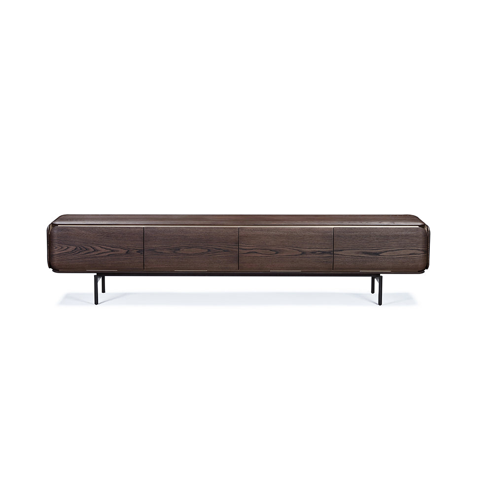 Bohne TV Unit in dark grey elm veneer with curved edges – a modern media console designed for stylish living rooms.