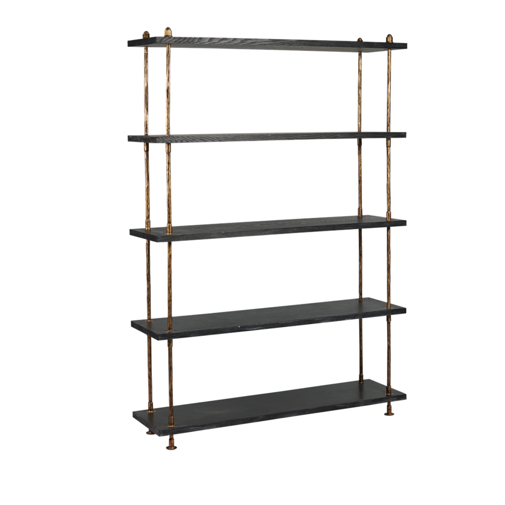 Cane Shelf 182cm tall with five ashwood shelves and forged iron frame, designer display unit for books and décor
