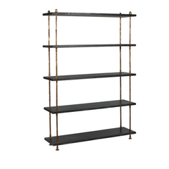 Cane Shelf 182cm tall with five ashwood shelves and forged iron frame, designer display unit for books and décor