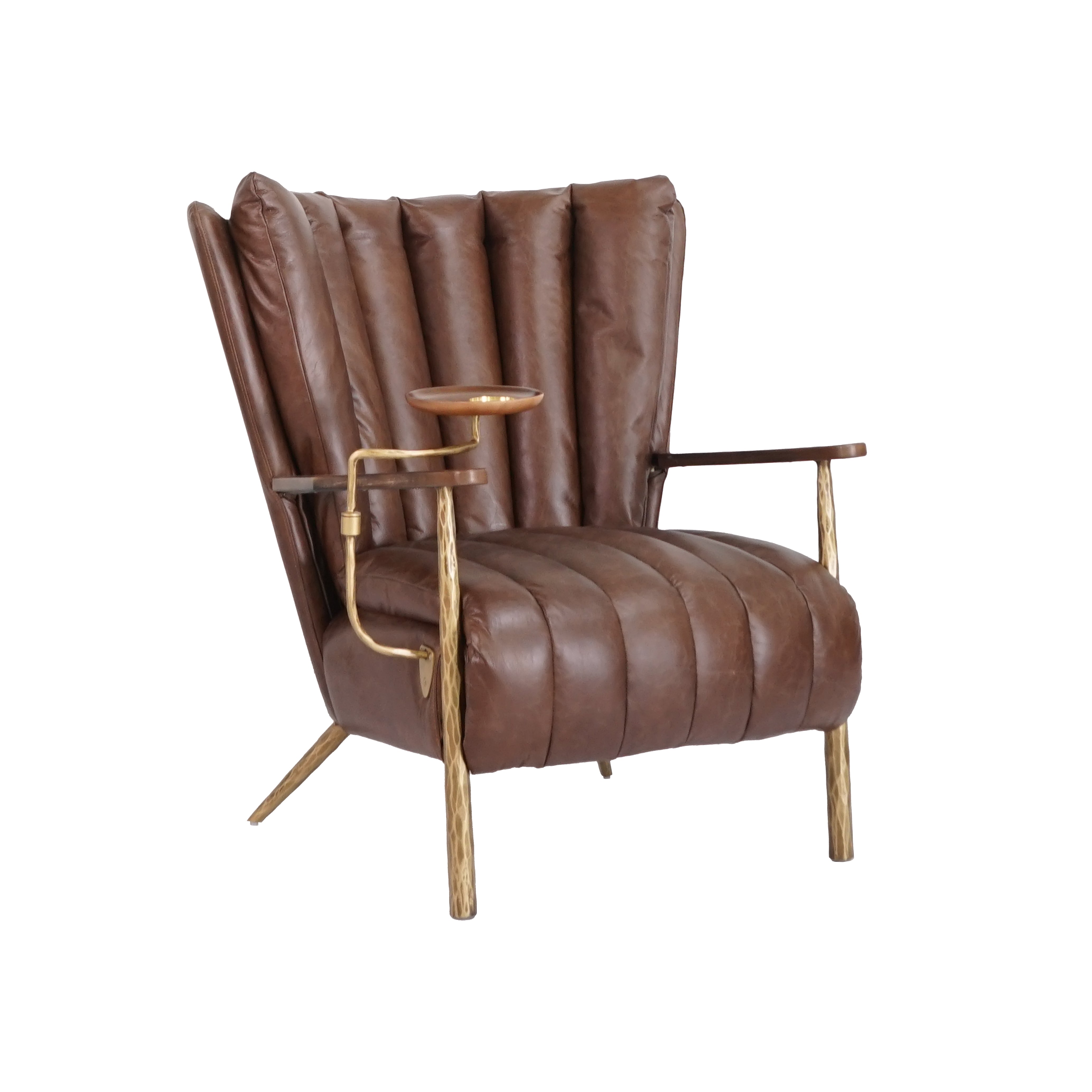Cassis Armchair in top-grain leather with built-in cigar plate, wrought iron legs, mid-century industrial design, and luxurious seating