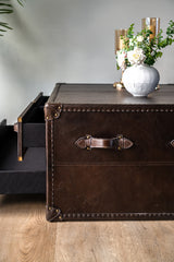 Classic leather coffee table with drawers and vintage accents, versatile as a statement trunk chest or accent table