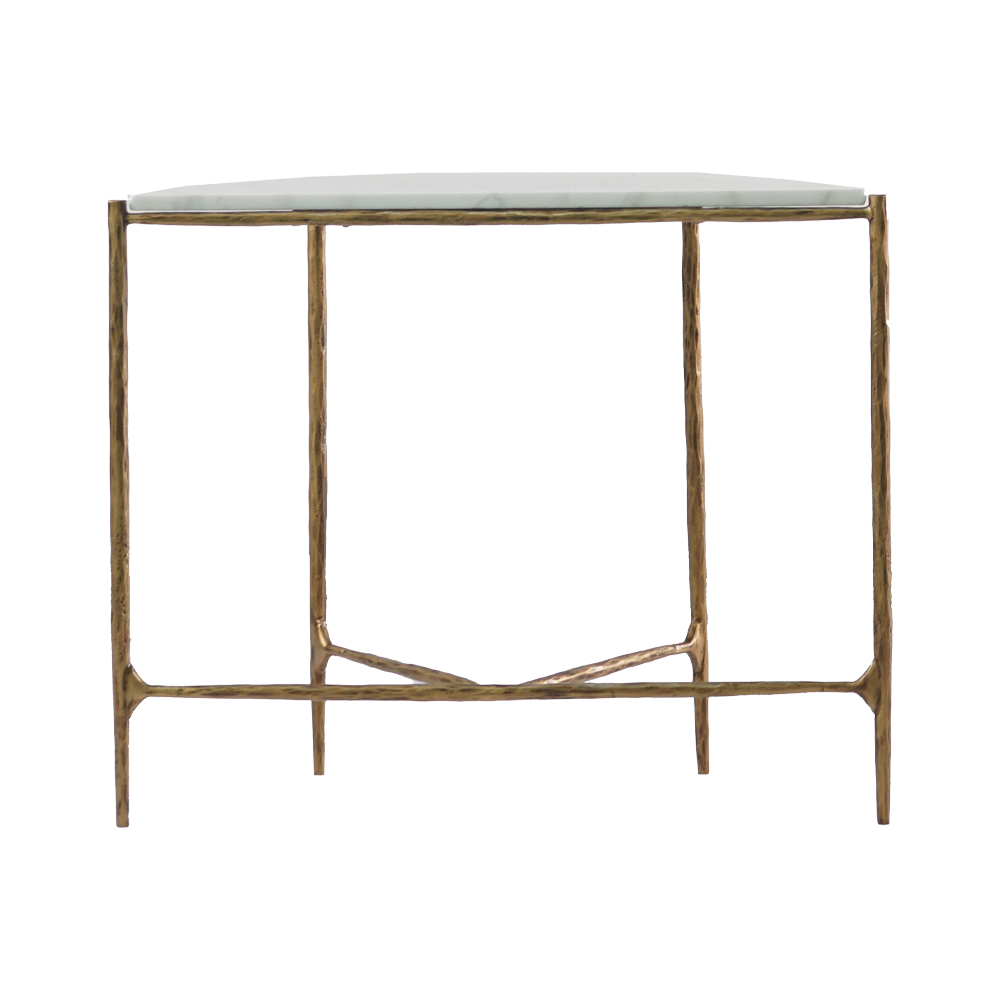 Colombes Console Table featuring a sculptural marble top and hand-forged iron base, showcasing a luxury mid-century modern design perfect for entryways or living rooms.