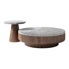 Contemporary round coffee table with grey marble top, walnut wood finish base
