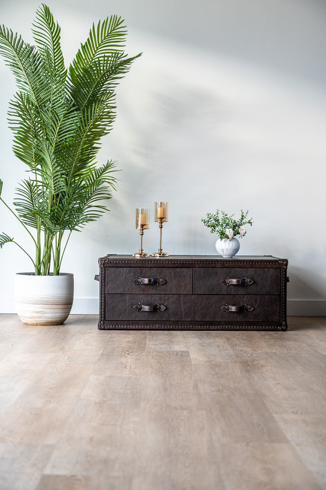 Designer Felix leather coffee table with integrated storage chest drawers, modern luxury centrepiece