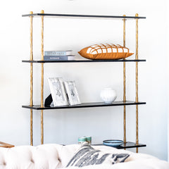 Designer shelf with forged iron frame and ashwood tiers, 182cm tall five-tier storage and display furniture