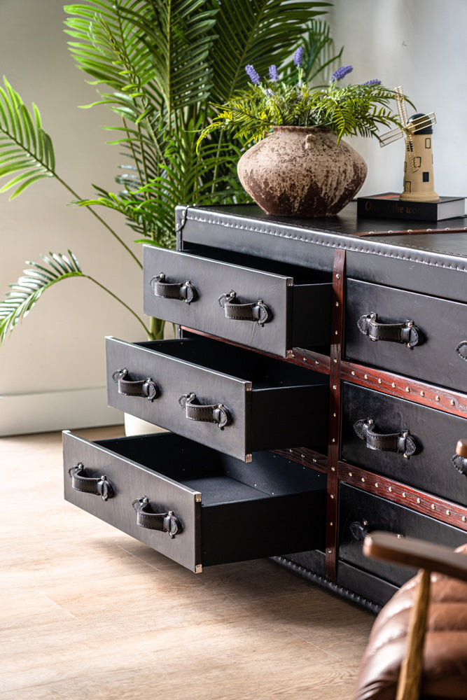 Designer Wells leather dresser featuring six drawers and refined craftsmanship, modern storage furniture for homes
