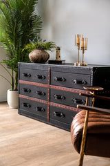 Designer Wells dresser in leather finish with deep red wood strips, functional storage cabinet with elegant detailing