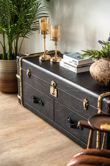 Designer Windsor cabinet in leather trunk style, featuring dual drawers and a top opening compartment