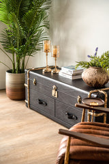 Designer Windsor vintage leather cabinet, multi-functional furniture unit with drawers and trunk-inspired design