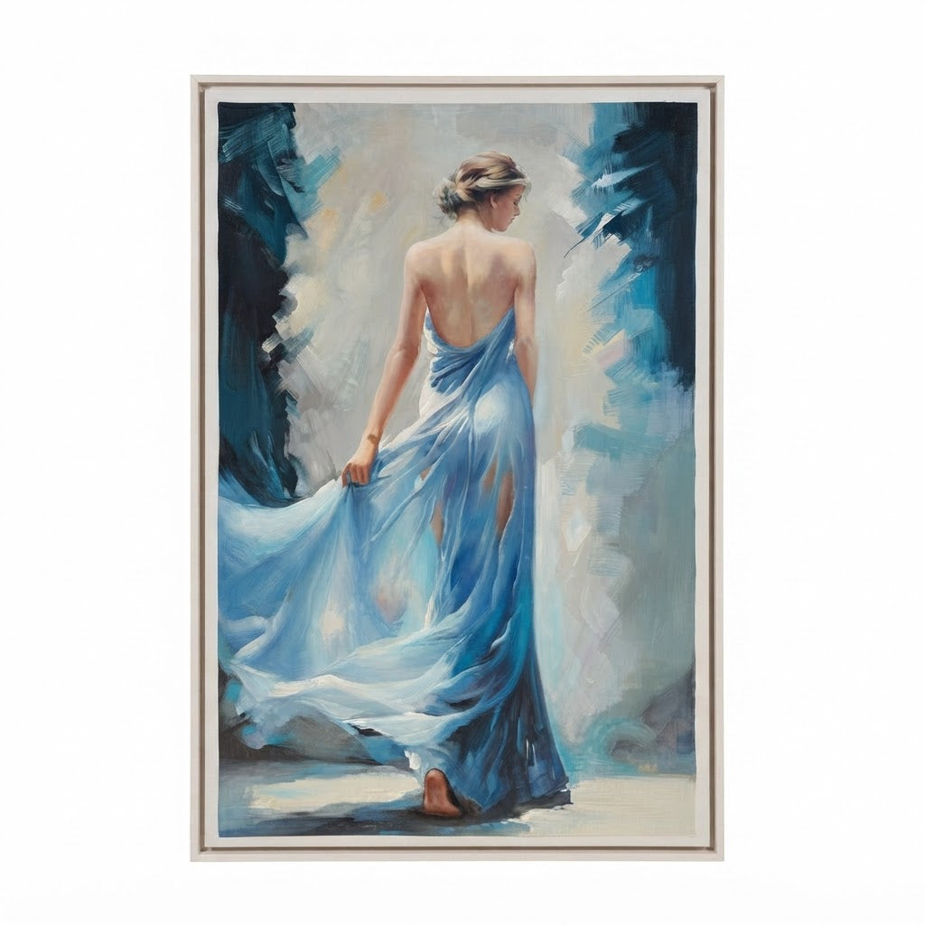 A framed painting of a woman seen from behind wearing a flowing light blue dress, set against a light gray background.