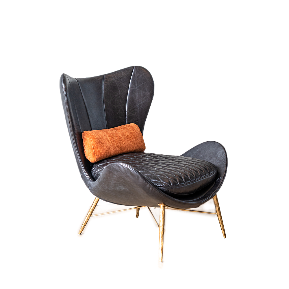 Eze Occasional Chair upholstered in top-grain leather with iron legs, modern minimalist design, and mid-century industrial style for living rooms or lounges