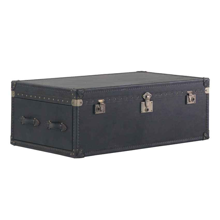 Ezra Coffee Table upholstered in leather with metal accents, featuring a flip-up top for storage and a sleek mid-century design