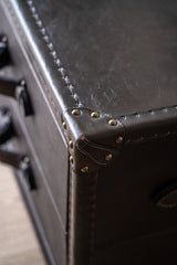 Felix leather coffee table with trunk-inspired design and storage drawers, luxury centrepiece for living rooms