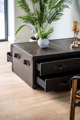 Felix leather storage coffee table, multifunctional accent furniture with timeless trunk-inspired design