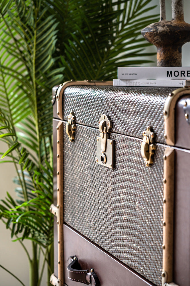 Hereford vintage storage trunk cabinet with tallboy proportions, chest of drawers inspired by classic travel trunks