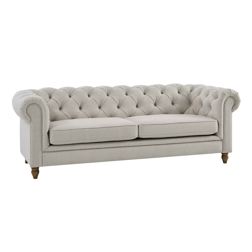 Joensu 3-Seater Sofa in linen fabric with Chesterfield-inspired design and wooden legs, coastal Hamptons style.