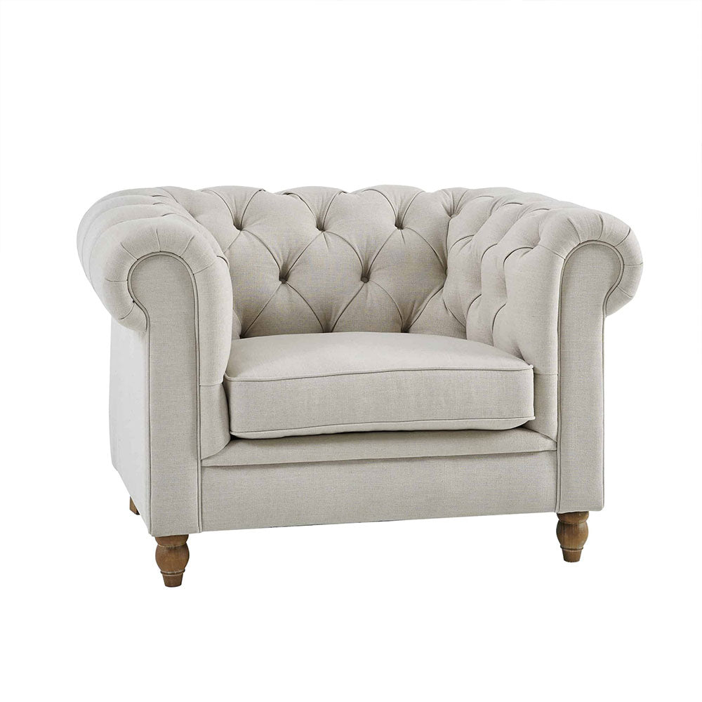 Joensu Armchair – Coastal Linen Armchair with Chesterfield Design & Wooden Legs.