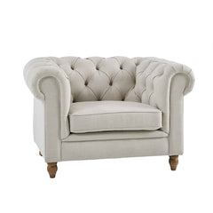 Joensu Armchair – Coastal Linen Armchair with Chesterfield Design & Wooden Legs.