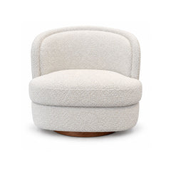 Kera swivel armchair in white boucle fabric with walnut colour wooden base