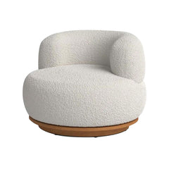 Kera Swivel Chair upholstered in high-quality fabric with rubber wood swivel base, modern and luxury design.