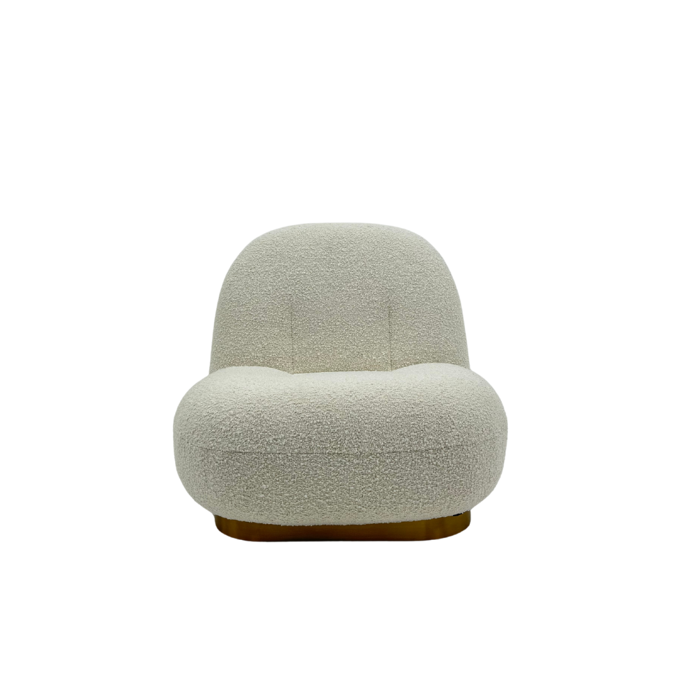 Modern white bouclé accent chair with curved silhouette and metal  base
