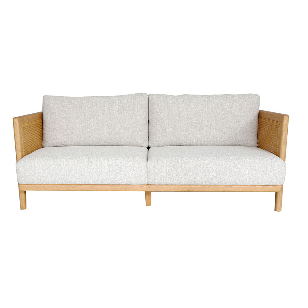 Lisbon 2-Seater Sofa with solid oak frame, rattan accents, and natural linen upholstery.