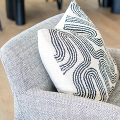 Modern Lulea Armchair in cotton weave fabric, wide seating and low back, stylish accent chair for living rooms.