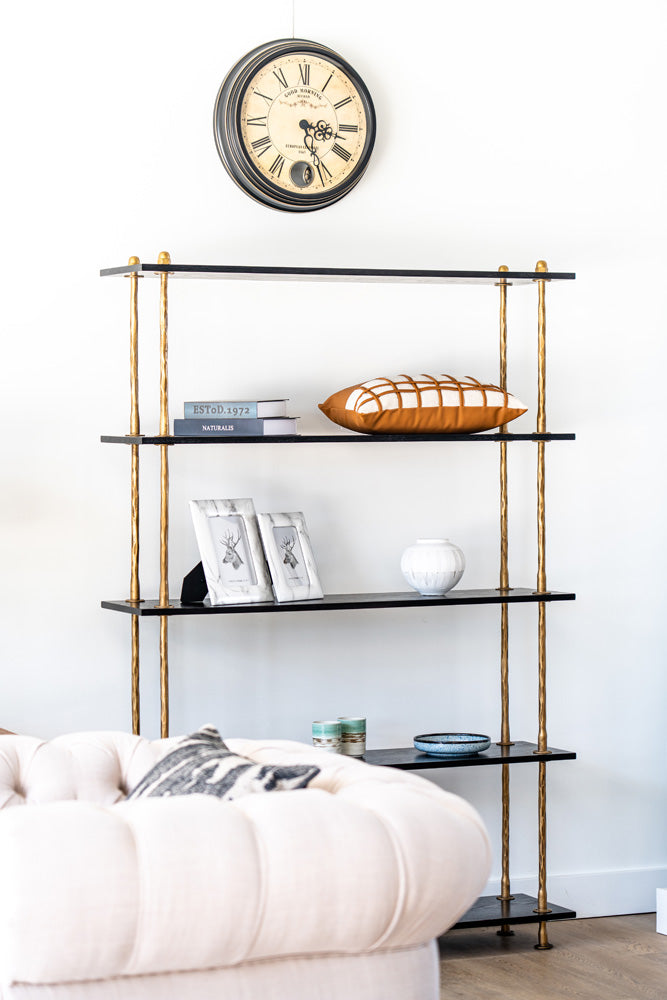 Luxury ashwood and iron shelf unit, 182cm tall with five tiers, modern rustic display cabinet for interiors