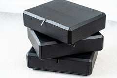 Luxury black bedside cabinet with three swivel drawers, rotating nightstand for modern interiors