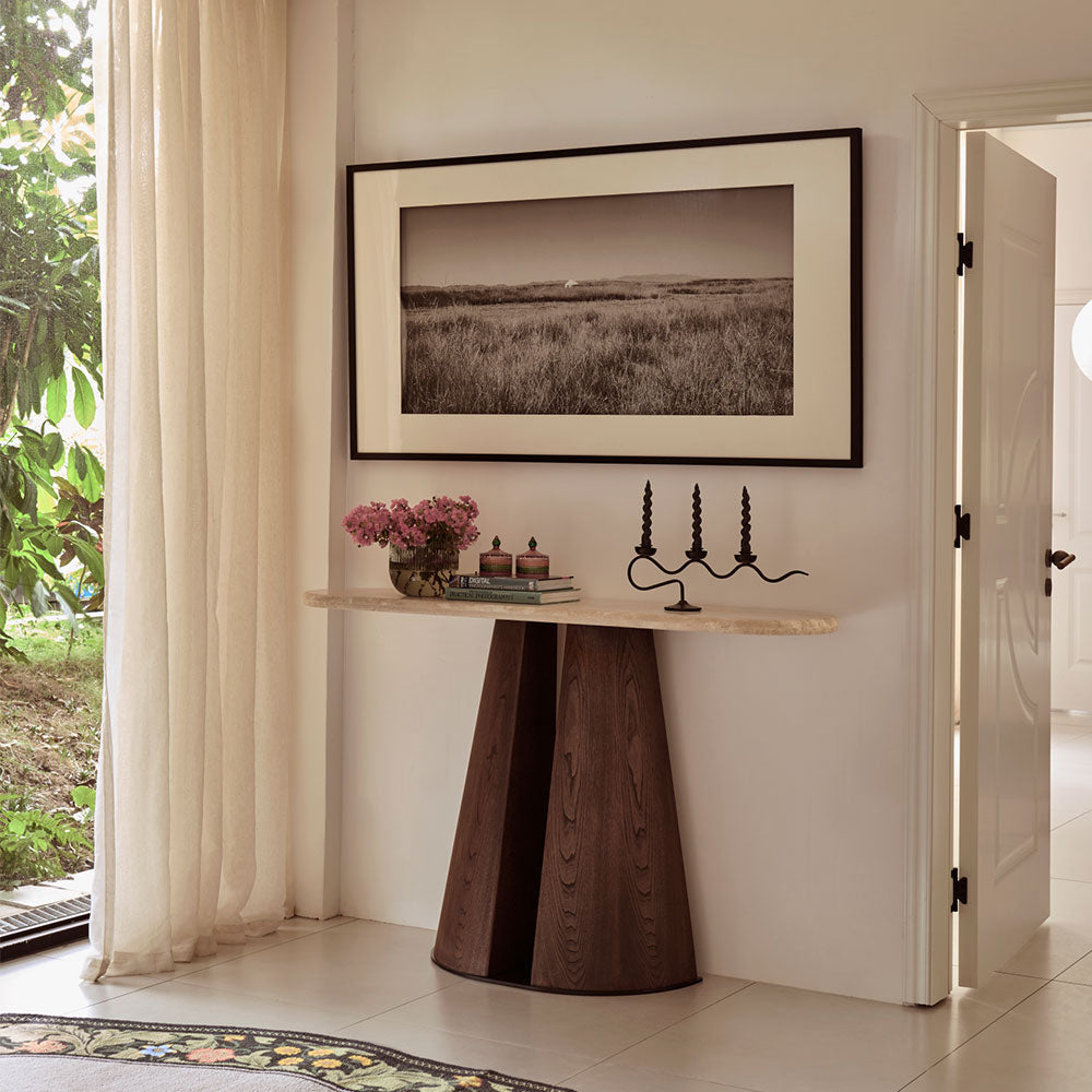 designer console table in travertine and timber for hallway