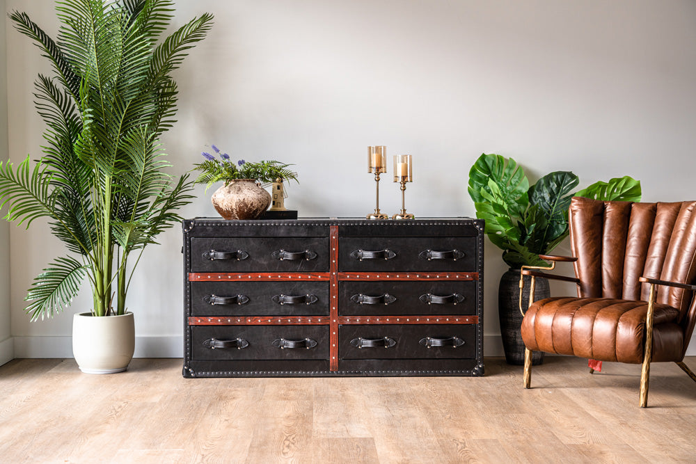 Luxury Wells drawer chest crafted from leather and wood, modern designer furniture with spacious six-drawer storage