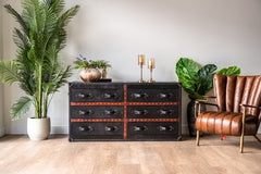 Luxury Wells drawer chest crafted from leather and wood, modern designer furniture with spacious six-drawer storage