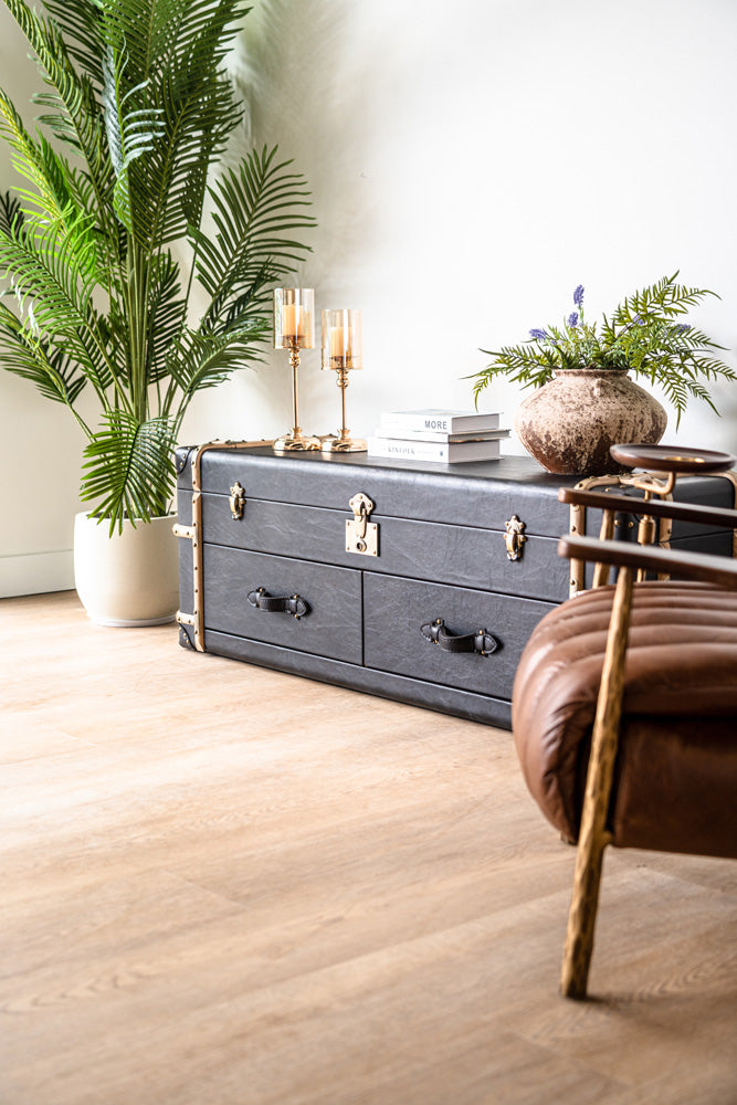 Luxury Windsor side cabinet with leather finish, two spacious drawers, and versatile flip-top storage