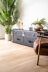 Luxury Windsor side cabinet with leather finish, two spacious drawers, and versatile flip-top storage