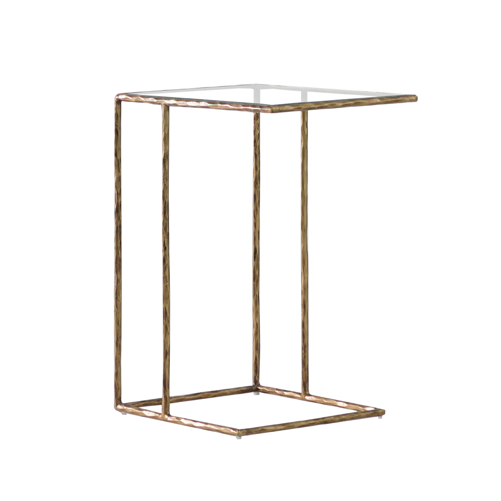 Video showcasing the Lyon Accent Table, featuring a glass top and artisan-forged iron frame, styled in both modern and traditional interiors.