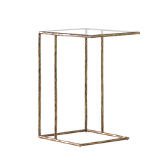 Video showcasing the Lyon Accent Table, featuring a glass top and artisan-forged iron frame, styled in both modern and traditional interiors.