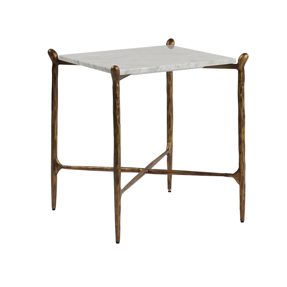 Metz side table featuring a round white marble top with a hand-hammered forged iron base, combining mid-century modern design with luxury craftsmanship.
