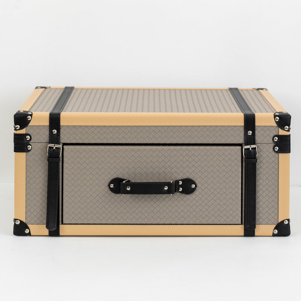 Close-up of Milo PU leather storage box highlighting front drawer and luxurious velvet-lined interior.