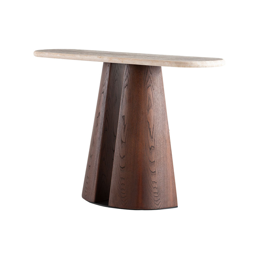 modern sculptural console table with natural stone top