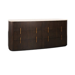 Modern six-drawer dresser with natural stone and oak finishes