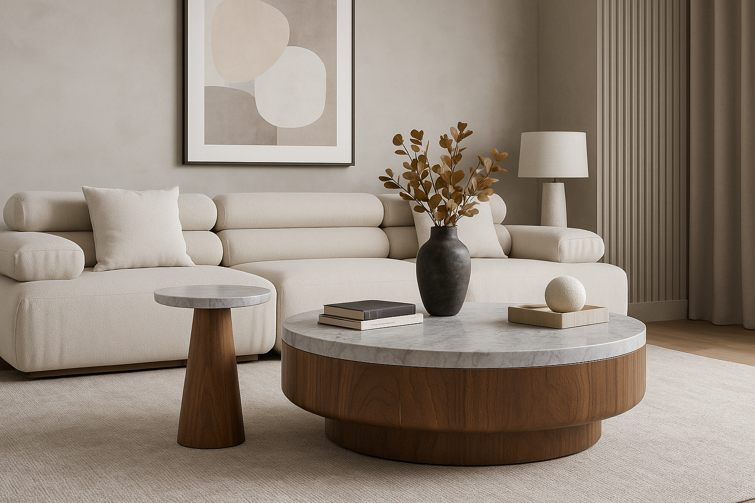 Modern luxury marble coffee table, round 1m design with walnut veneer base