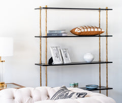 Modern open bookcase 182cm tall with forged iron structure and five ashwood shelves, designer shelving piece