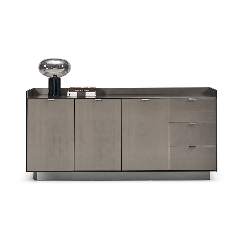 Modern silver dresser with brushed metal exterior, stainless steel frame, and elm hardwood construction, designed for contemporary bedroom interiors.