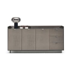 Modern silver dresser with brushed metal exterior, stainless steel frame, and elm hardwood construction, designed for contemporary bedroom interiors.