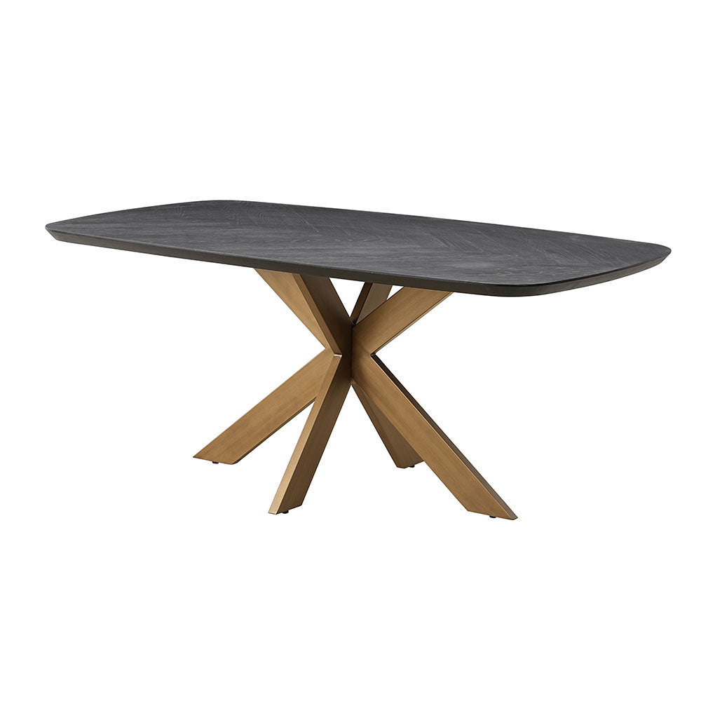 Moran modern dining table featuring a dark coffee oak veneer tabletop and metal legs