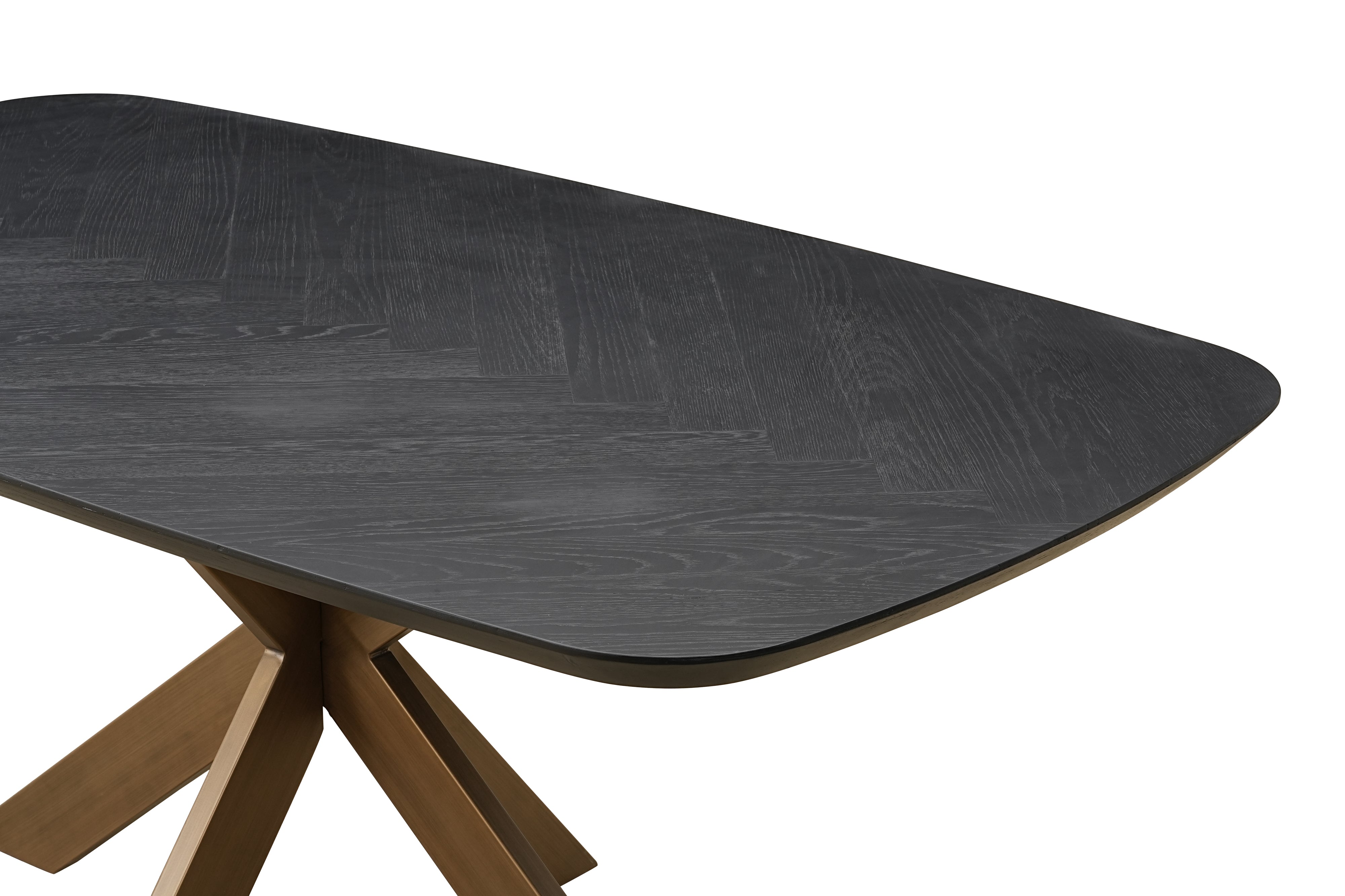 Moran modern dining table featuring a dark coffee oak veneer tabletop and metal legs