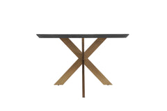 Moran wooden dining table combining an oak veneer surface with sturdy iron legs
